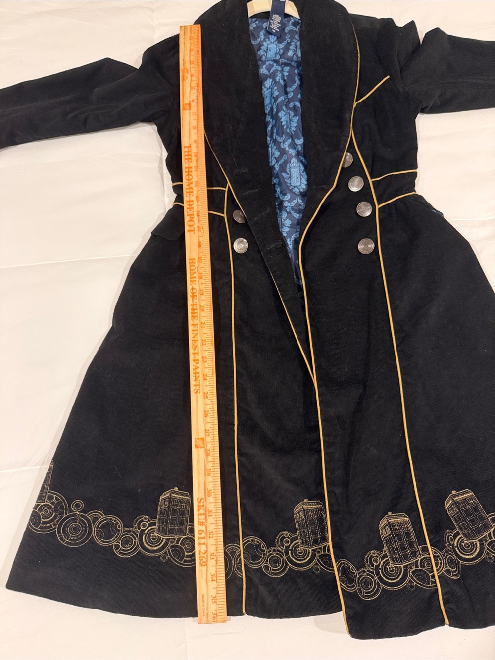 Dr Who TARDIS Hot Topic Black Trench Coat with Gold Piping and Blue Lining XS - Picture 10 of 14